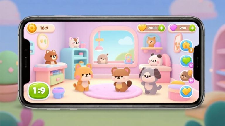 自动生成图片: Colorful mobile game interface showing various cute animals in a daycare setting, soft pastel colors, cartoon style with clean design high quality illustration, detailed, 16:9