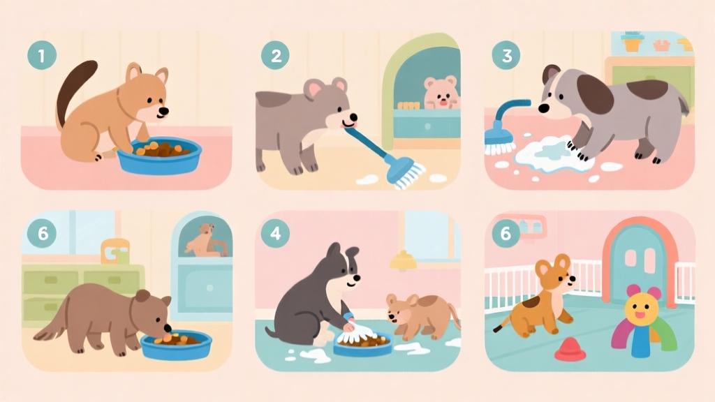 Step-by-step illustration of animal care process in a daycare, showing feeding, cleaning, and playing activities, soft colors high quality illustration, detailed, 16:9
