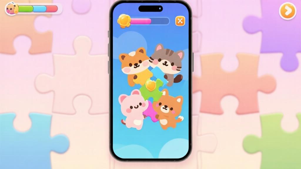 Colorful mobile game interface showing cute animal characters merging together, soft pastel background with puzzle elements, minimalist design high quality illustration, detailed, 16:9