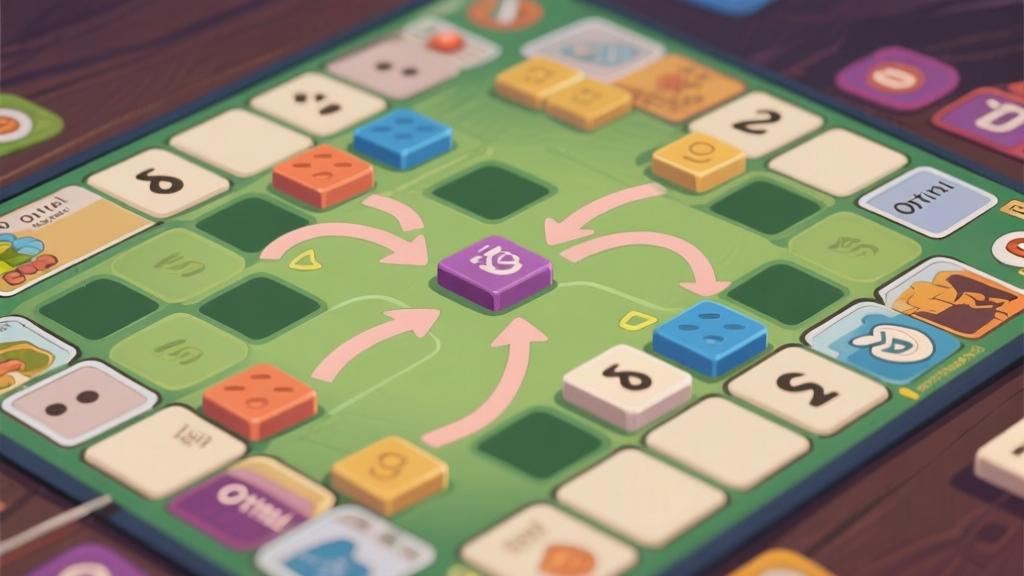 Game board strategy diagram showing optimal tile placement, empty spaces highlighted, merge paths illustrated with soft arrows high quality illustration, detailed, 16:9