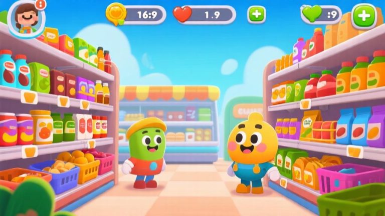 自动生成图片: Colorful mobile game interface showing virtual supermarket with various products on shelves, cartoon style with bright colors, friendly characters high quality illustration, detailed, 16:9