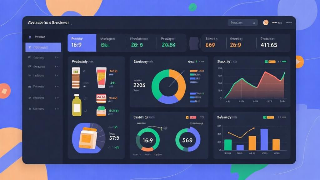 Inventory management dashboard showing product categories, stock levels, and sales performance metrics with intuitive visualizations high quality illustration, detailed, 16:9