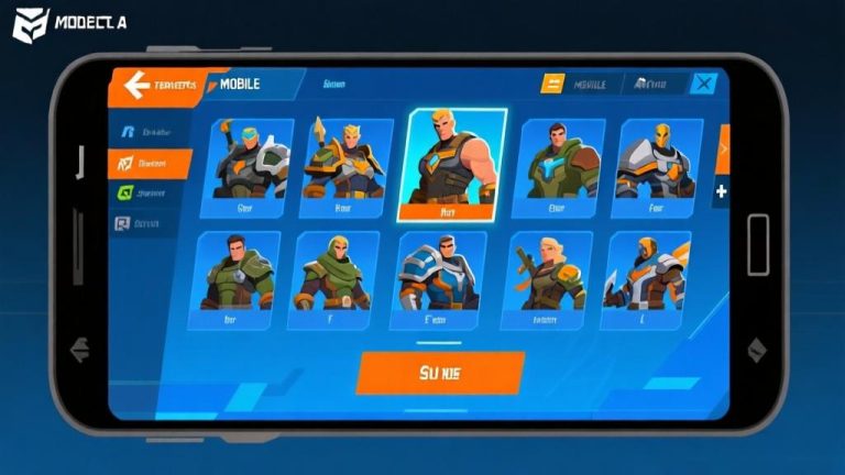 自动生成图片: Tactical mobile game interface showing character selection screen with multiple hero options, clean modern design with blue and orange color scheme, professional gaming UI high quality illustration, detailed, 16:9