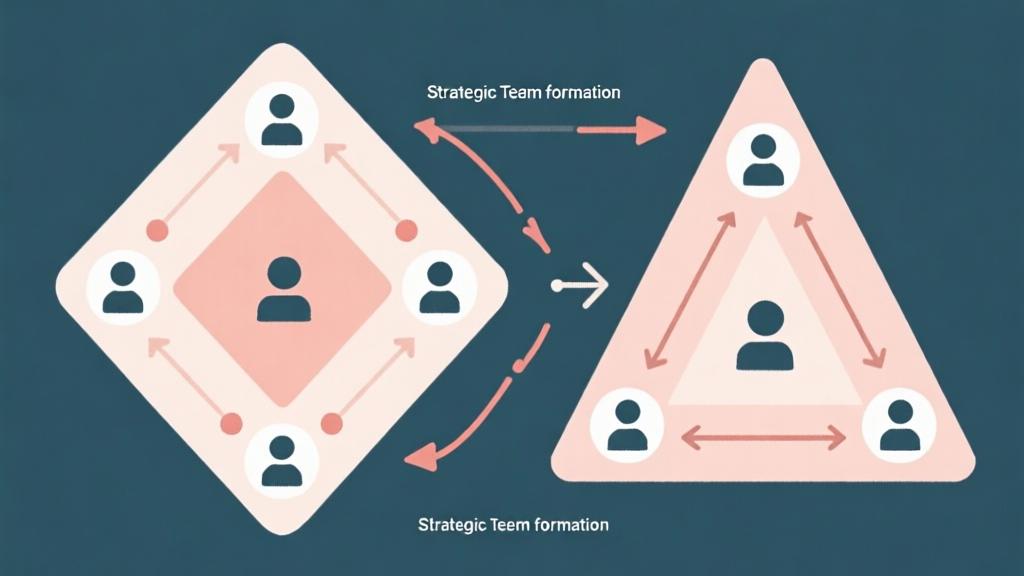 Strategic team formation diagrams showing diamond and arrowhead layouts, minimalist design with character icons and positioning arrows, soft color palette high quality illustration, detailed, 16:9