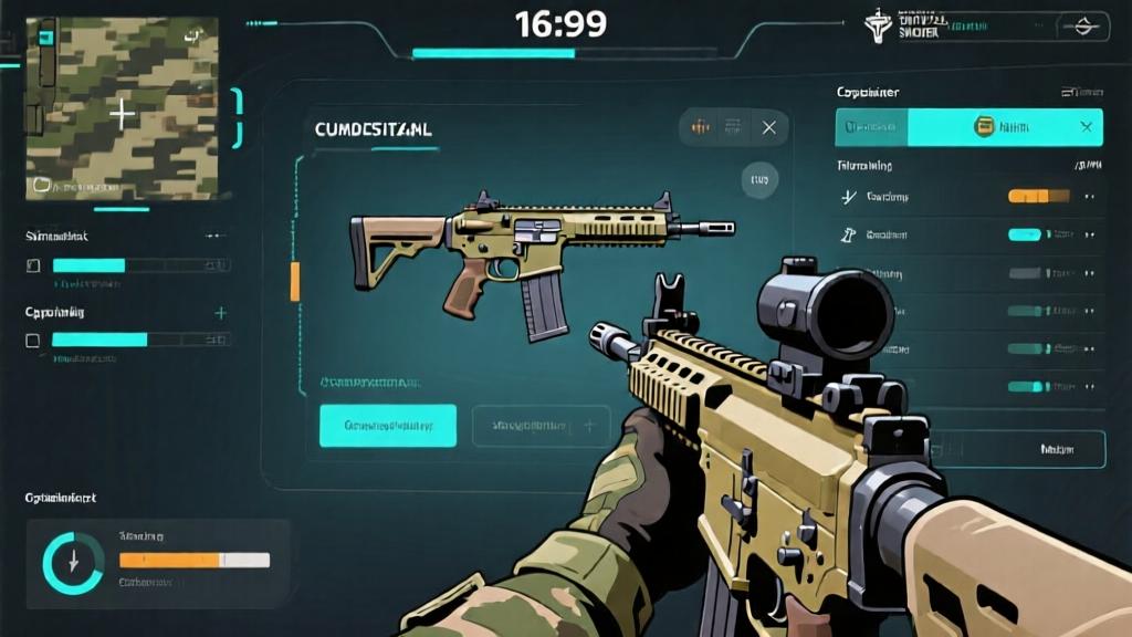 First-person view of a tactical shooter game showing weapon customization interface, modern military aesthetic, clean HUD design high quality illustration, detailed, 16:9