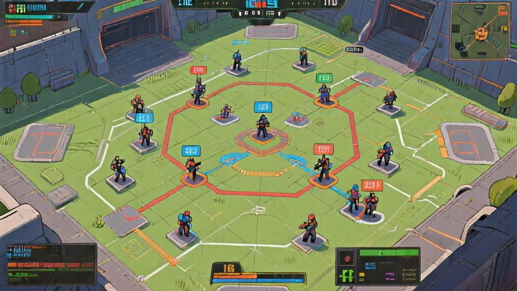 Top-down tactical map view showing multiple player positions, attack routes and defensive setups in a competitive FPS game high quality illustration, detailed, 16:9