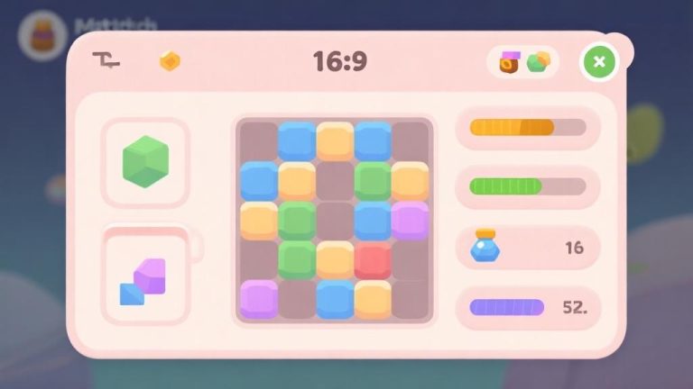 自动生成图片: Minimalist game interface showing match-3 puzzle elements with soft pastel colors, simple geometric shapes representing game resources, clean layout with progress bars high quality illustration, detailed, 16:9