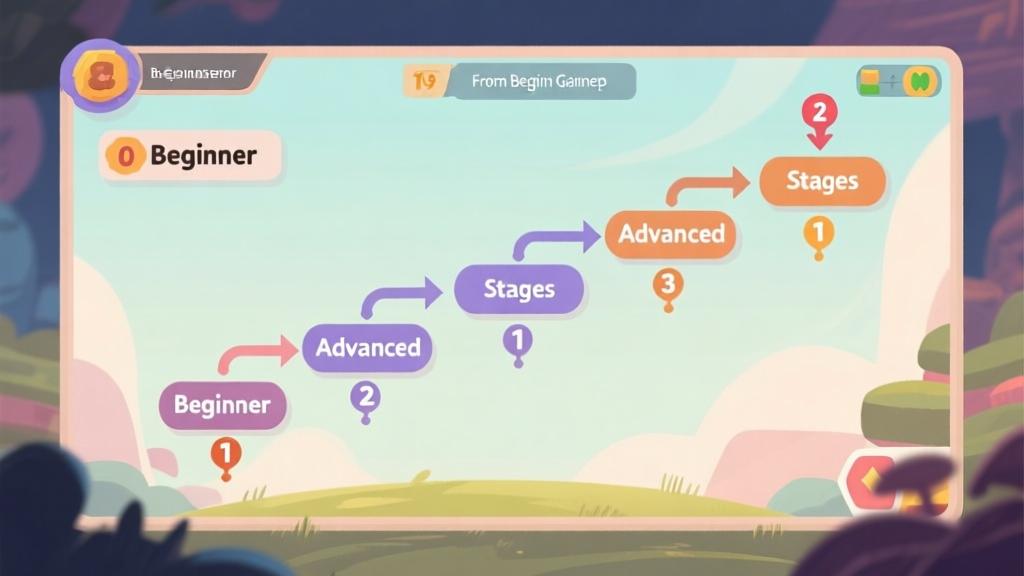 Step-by-step flowchart showing game progression from beginner to advanced stages, with connecting arrows and milestone markers, soft color palette high quality illustration, detailed, 16:9
