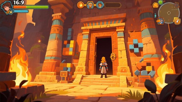 自动生成图片: Game interface screenshot showing ancient temple environment with fire elements, puzzle mechanisms, and character standing before mysterious door, warm color palette with orange and yellow tones high quality illustration, detailed, 16:9