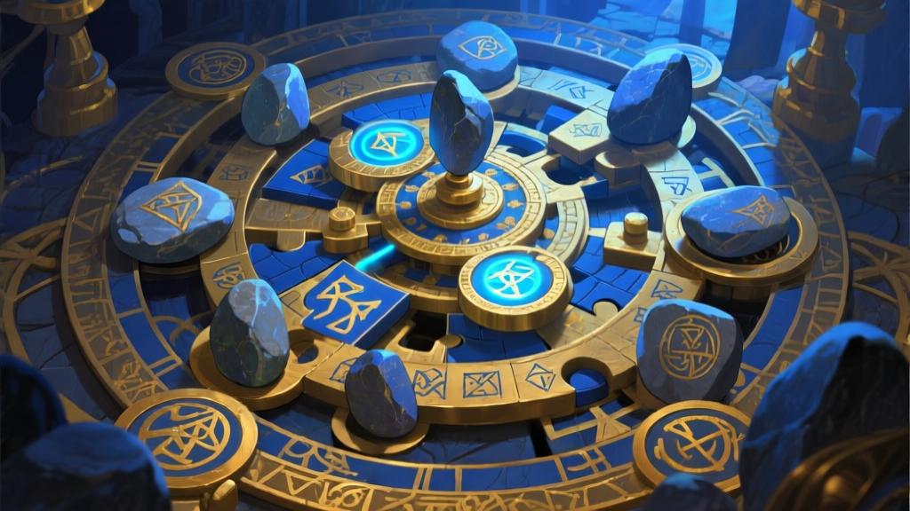 Complex puzzle mechanism with rotating stones and ancient symbols, showing solution pattern with highlighted elements, mystical atmosphere with blue and gold accents high quality illustration, detailed, 16:9