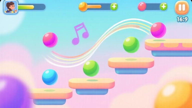 自动生成图片: Colorful musical rhythm game interface with bouncing balls on platforms, soft pastel color palette, dynamic motion lines, mobile game aesthetic high quality illustration, detailed, 16:9