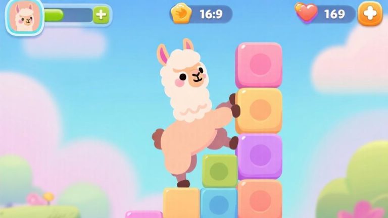 自动生成图片: Colorful mobile game interface showing a cartoon llama character climbing blocks, soft pastel color palette with clean UI elements high quality illustration, detailed, 16:9