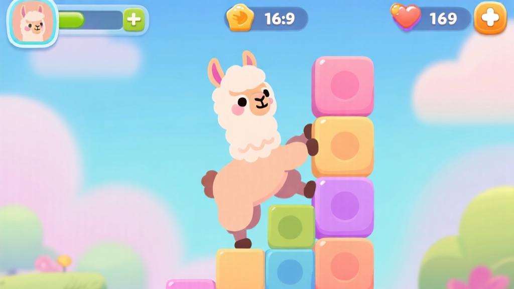 Colorful mobile game interface showing a cartoon llama character climbing blocks, soft pastel color palette with clean UI elements high quality illustration, detailed, 16:9