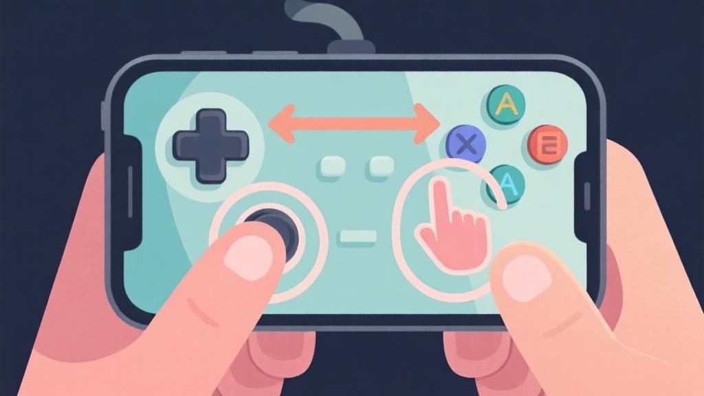 Game control diagram showing touch gestures for mobile gaming, with arrows and finger touch indicators in soft colors high quality illustration, detailed, 16:9