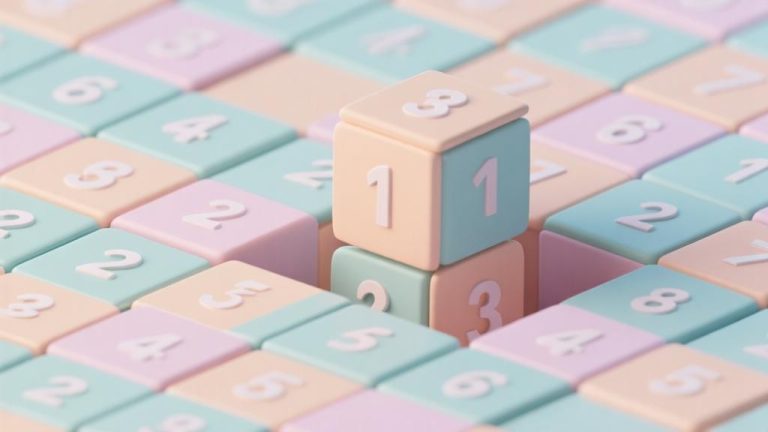 自动生成图片: Three-dimensional puzzle grid with numbered tiles in soft pastel colors, showing depth perspective and rotational movement, minimalist design high quality illustration, detailed, 16:9