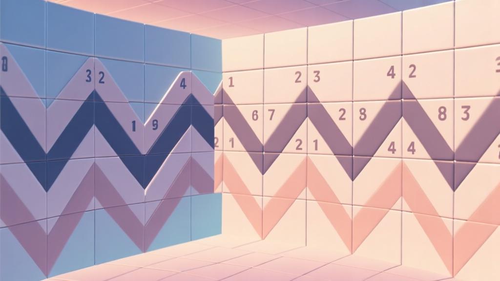 Step-by-step illustration of tile merging patterns in 3D space, showing zig-zag formation with numbered tiles, soft color gradient background high quality illustration, detailed, 16:9