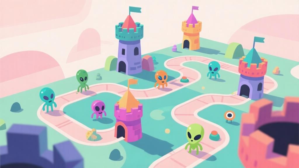 Abstract tower defense game layout with colorful towers and alien creatures on winding paths, soft pastel color palette, minimalist game design style high quality illustration, detailed, 16:9