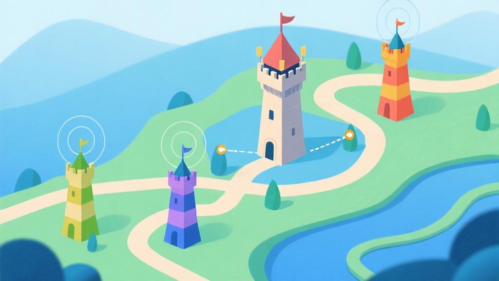 Strategic tower placement diagram showing optimal positions along winding paths, color-coded tower types with range indicators, soft blue and green color scheme high quality illustration, detailed, 16:9