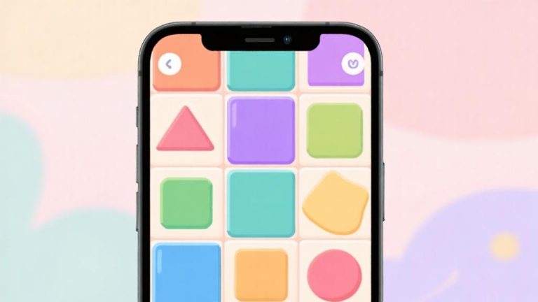 自动生成图片: Colorful tile matching game interface on mobile screen, soft pastel colors, clean layout with various shaped tiles, minimalist design high quality illustration, detailed, 16:9