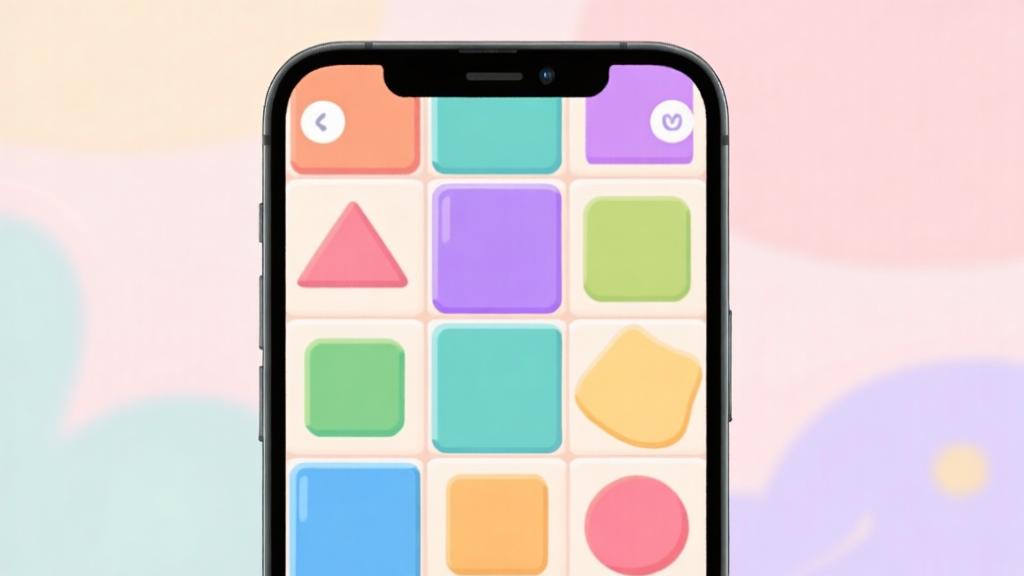 Colorful tile matching game interface on mobile screen, soft pastel colors, clean layout with various shaped tiles, minimalist design high quality illustration, detailed, 16:9