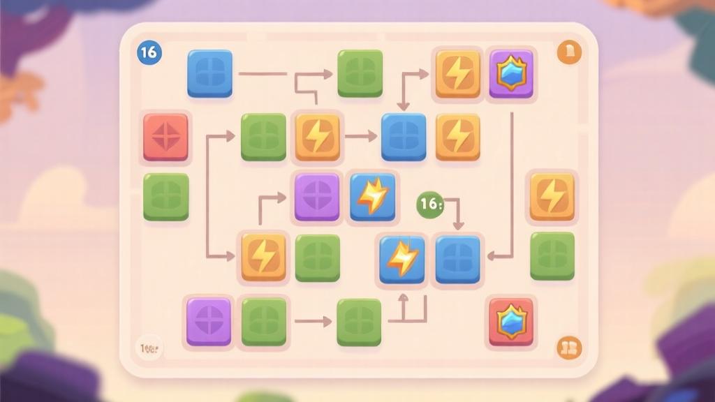 Game strategy diagram showing tile matching patterns and power-up combinations, soft color palette, clear visual indicators high quality illustration, detailed, 16:9