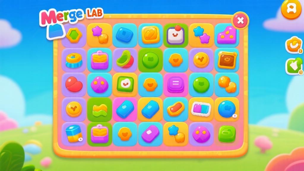 Colorful game interface of Merge LAB showing various mergeable items arranged on a grid, bright and inviting color palette, cartoonish style with clear icons high quality illustration, detailed, 16:9