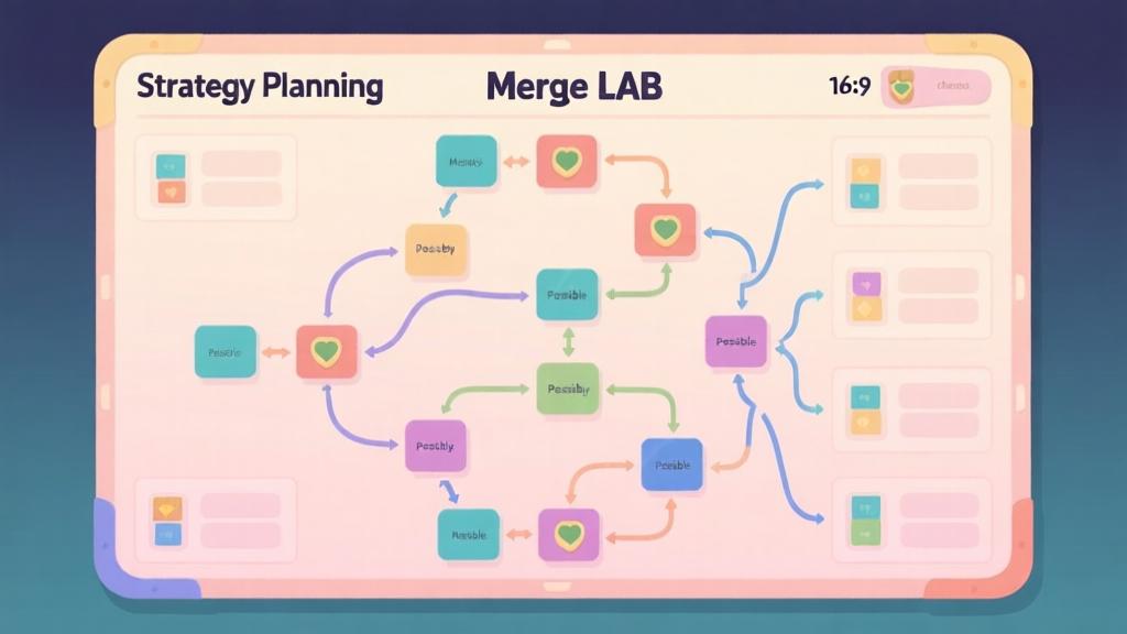 Game strategy planning board for Merge LAB with multiple possible merge paths visualized, decision tree diagram style, soft pastel colors high quality illustration, detailed, 16:9