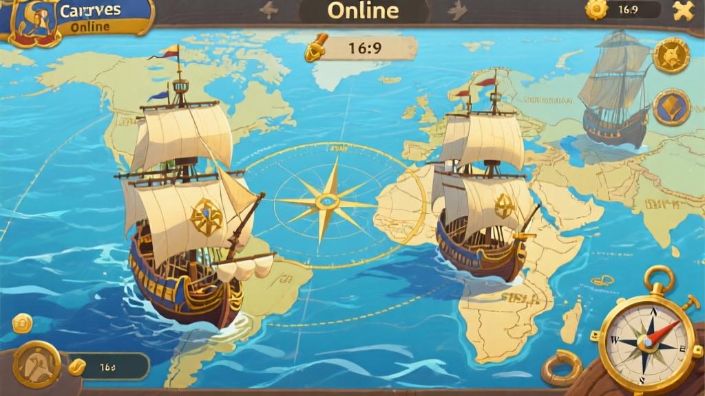 Caravels Online game interface showing ship navigation on ocean map, medieval sailing ships, compass and navigation tools, soft blue color palette with golden accents high quality illustration, detailed, 16:9