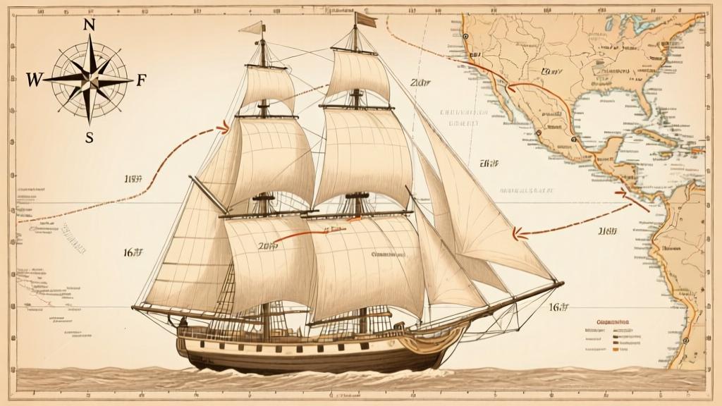 Detailed ship navigation diagram showing sail positions for different wind directions, compass rose, nautical map with plotted course, soft sepia tones high quality illustration, detailed, 16:9