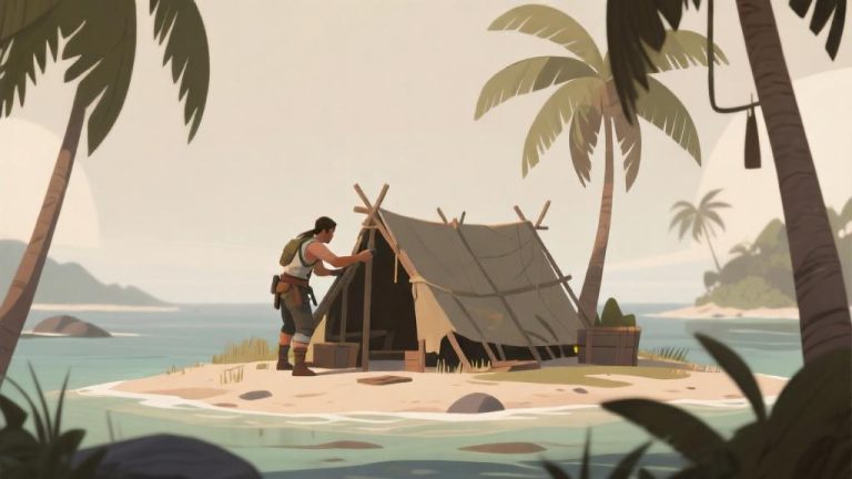 自动生成图片: Survival game scene showing character building shelter on tropical island, soft natural lighting, muted earth tones, minimalist art style high quality illustration, detailed, 16:9