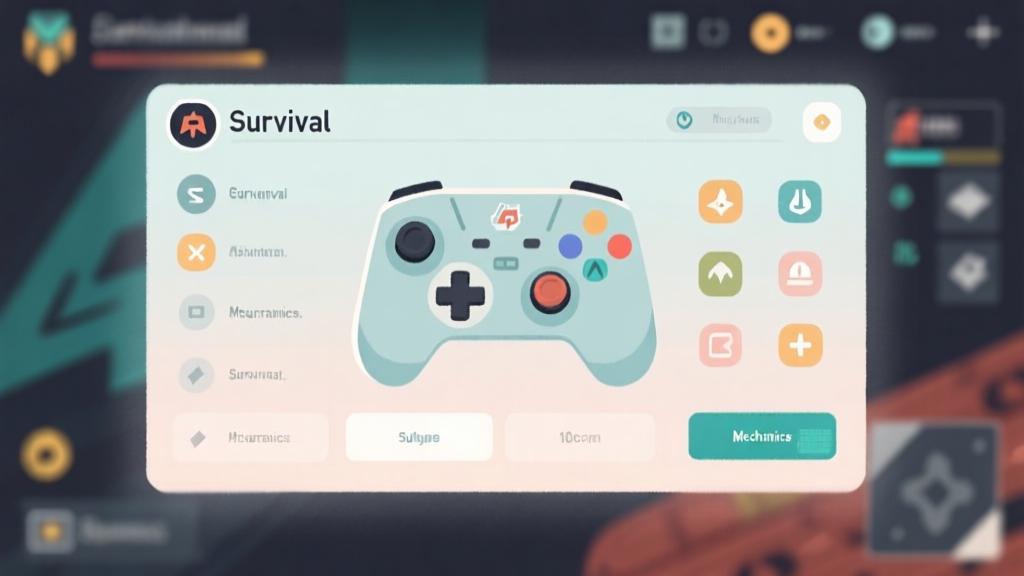 Game control interface overlay showing survival mechanics, clean minimalist design with soft colors, intuitive icon arrangement high quality illustration, detailed, 16:9