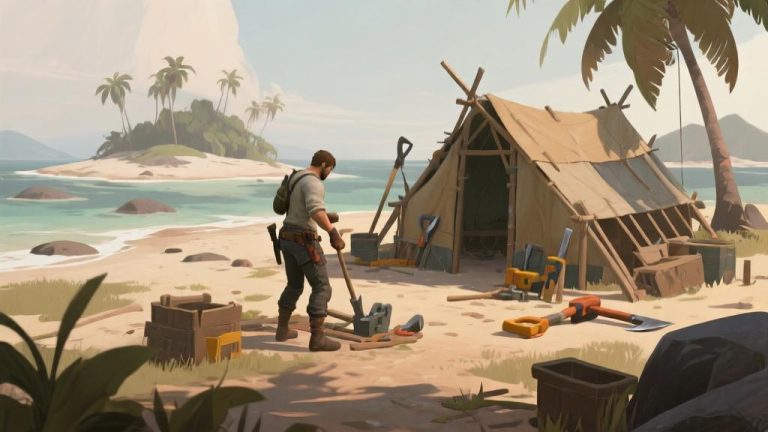 自动生成图片: Survival game scene showing character on deserted island with crafting tools and shelter building, soft natural lighting, muted earth tones high quality illustration, detailed, 16:9