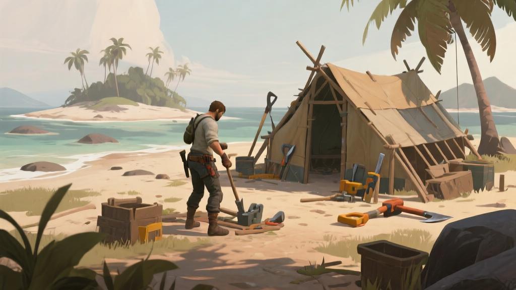 Survival game scene showing character on deserted island with crafting tools and shelter building, soft natural lighting, muted earth tones high quality illustration, detailed, 16:9
