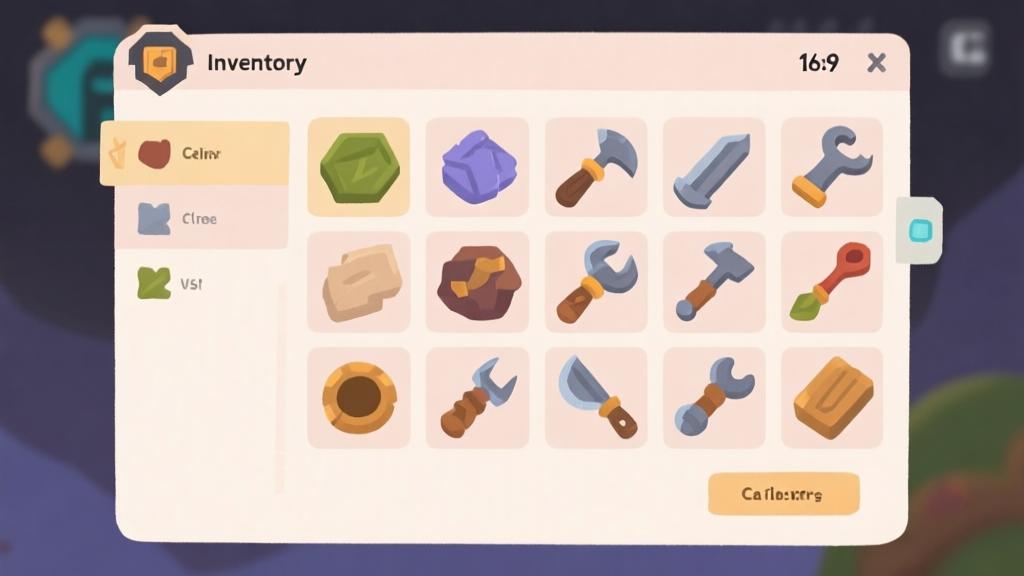 Game inventory interface showing crafting materials and tools arranged in grid, minimalist design with soft colors high quality illustration, detailed, 16:9