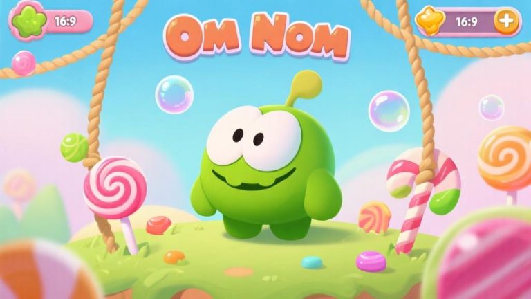 自动生成图片: Colorful game interface showing Om Nom the green creature with candy elements, ropes and bubbles in soft pastel colors, mobile game aesthetic high quality illustration, detailed, 16:9