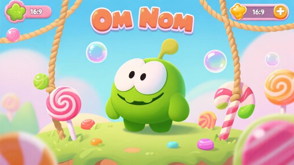 Colorful game interface showing Om Nom the green creature with candy elements, ropes and bubbles in soft pastel colors, mobile game aesthetic high quality illustration, detailed, 16:9