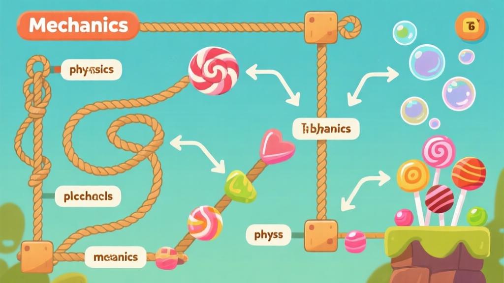 Game mechanics diagram showing different rope types, candy physics, bubble mechanics with clear labels and arrows, educational illustration style high quality illustration, detailed, 16:9