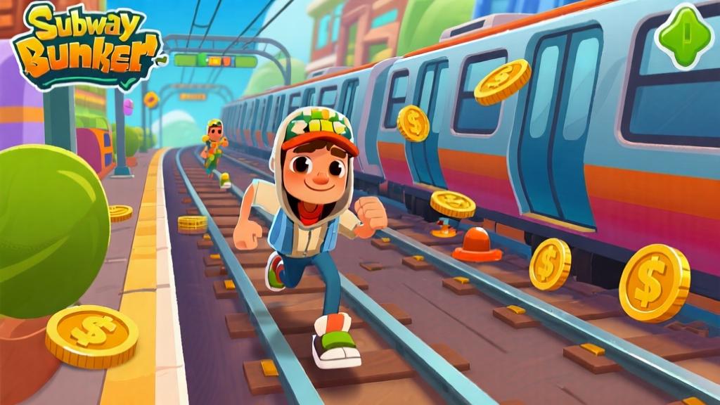 Game interface of Subway Runner showing character running on subway tracks with coins and obstacles, cartoon style with vibrant colors high quality illustration, detailed, 16:9