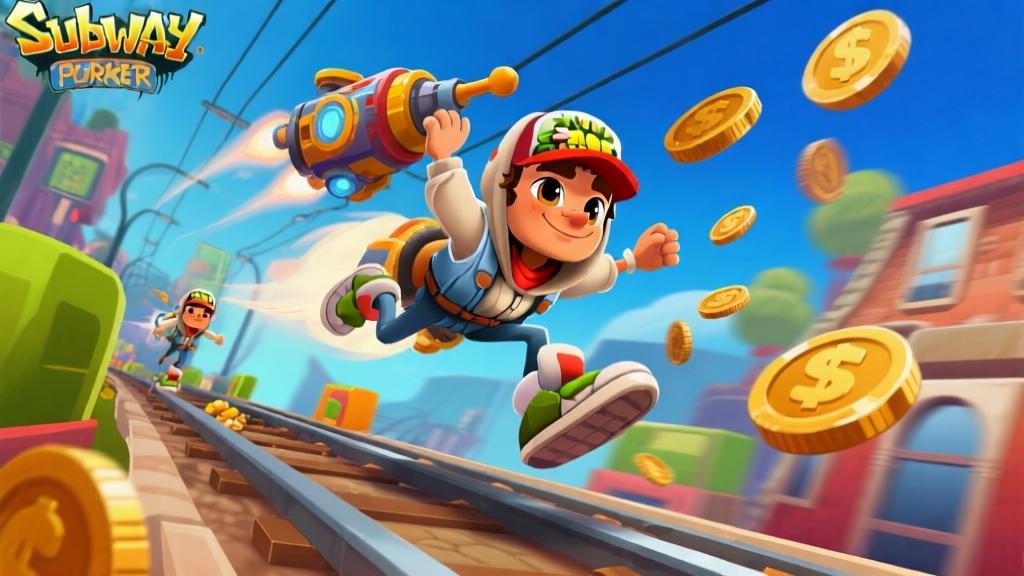 Character using jetpack power-up in Subway Runner, flying above obstacles while collecting coins, dynamic action scene high quality illustration, detailed, 16:9