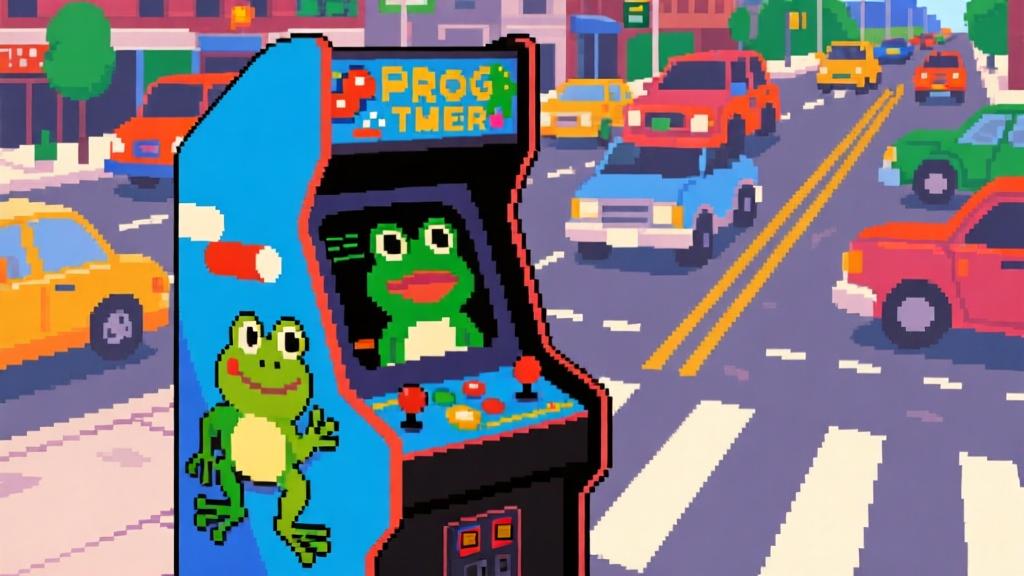Classic Frogger arcade cabinet with vibrant colors, showing the frog character on a busy road with moving vehicles, pixel art style high quality illustration, detailed, 16:9