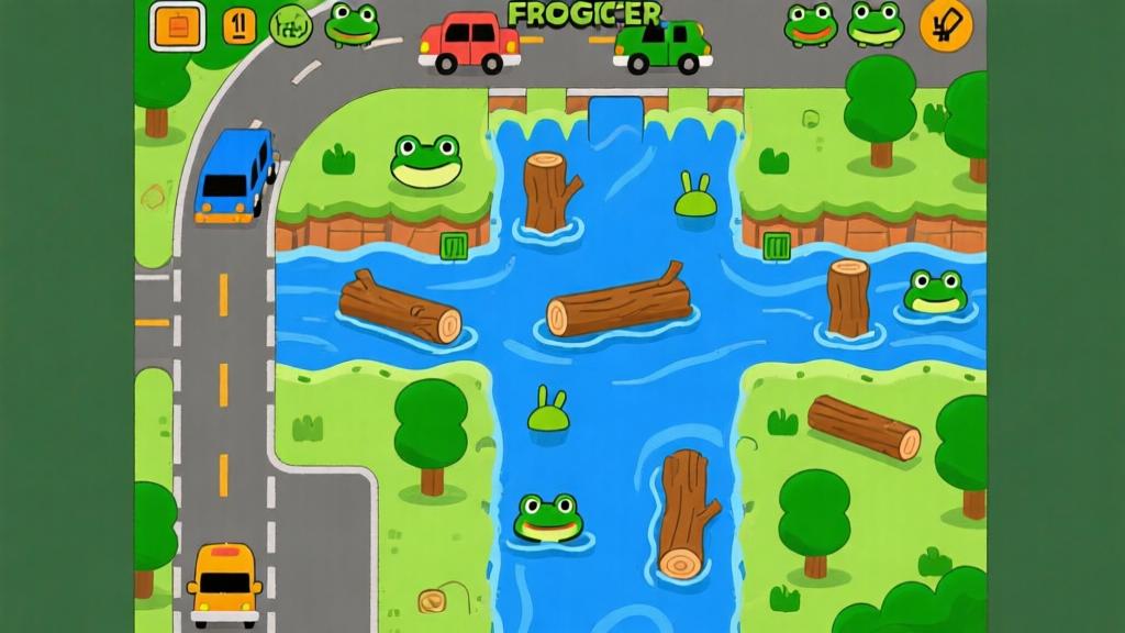 Game interface diagram showing different zones in Frogger - road section with vehicles, river with floating logs, and safe destination spots at the top high quality illustration, detailed, 16:9