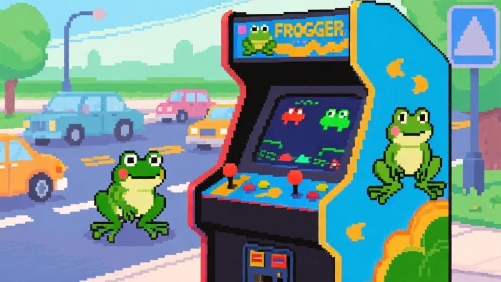 Classic Frogger arcade cabinet with vibrant colors, pixel art style, showing frog character on road with vehicles, soft color palette with green and blue tones high quality illustration, detailed, 16:9