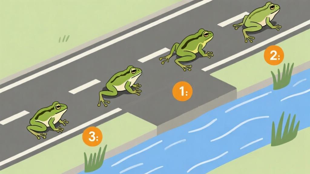 Step-by-step visual guide showing frog movement across road and river, with safe zones highlighted, minimalist design with clear numbered steps high quality illustration, detailed, 16:9