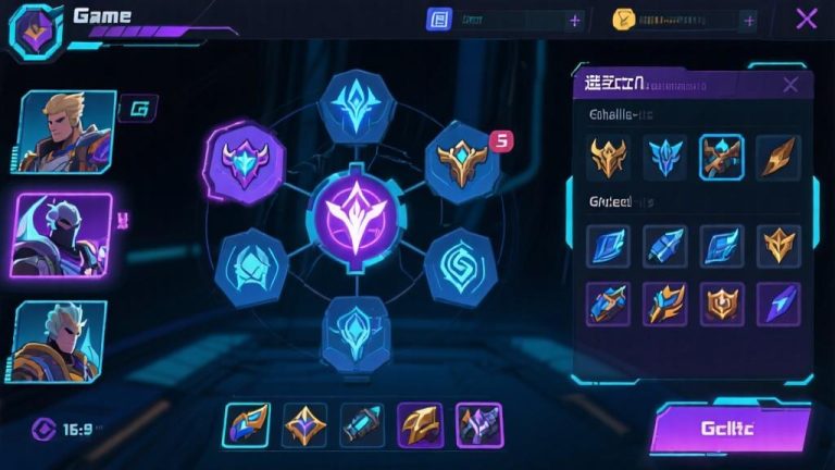 自动生成图片: Game interface screenshot showing character selection screen with multiple hero options, skill trees and equipment slots visible, dark futuristic theme with neon blue and purple accents high quality illustration, detailed, 16:9