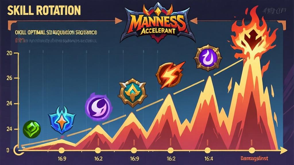 Step-by-step infographic showing optimal skill rotation sequence with Madness Accelerant activation, timeline visualization with damage peaks and ability icons high quality illustration, detailed, 16:9