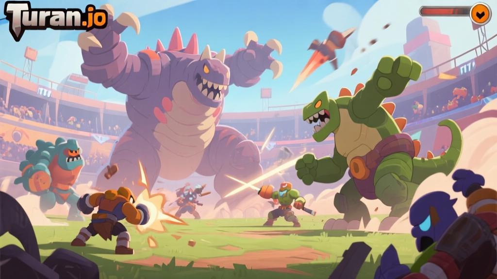 Tyran.io game scene showing giant creatures battling in dynamic arena environment, soft color palette, cartoonish battle royale style high quality illustration, detailed, 16:9