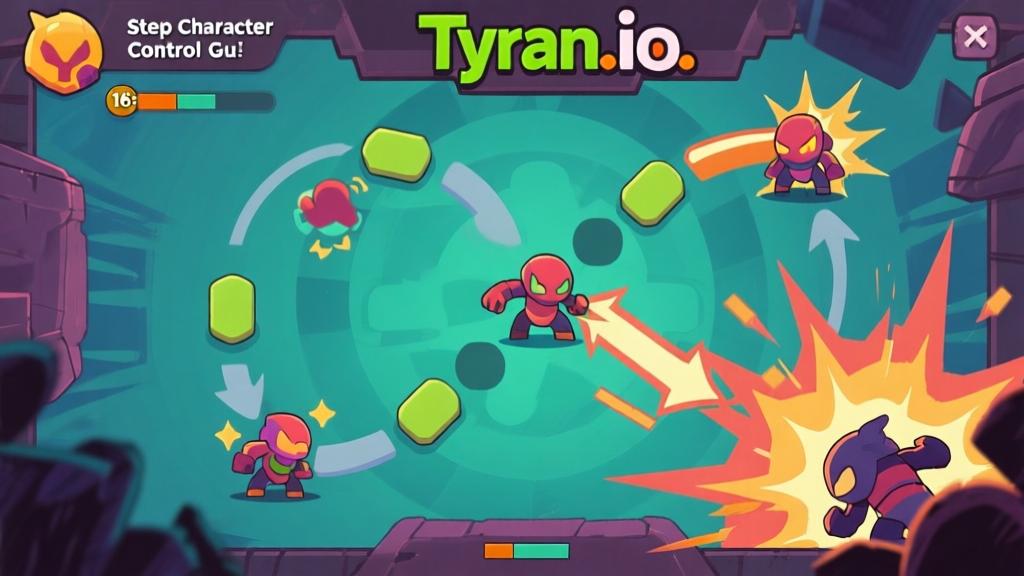 Step-by-step character control guide for Tyran.io showing movement patterns and attack combinations, educational game tutorial style high quality illustration, detailed, 16:9