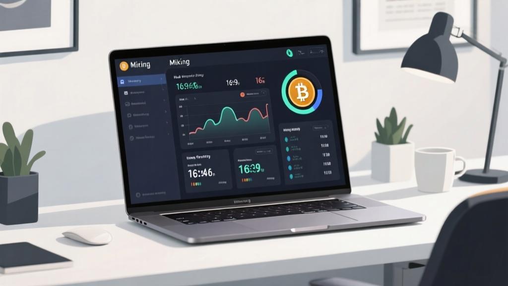 Modern laptop setup with mining software interface visible on screen, showing cryptocurrency mining dashboard with hash rates and temperatures, clean workspace aesthetic high quality illustration, detailed, 16:9