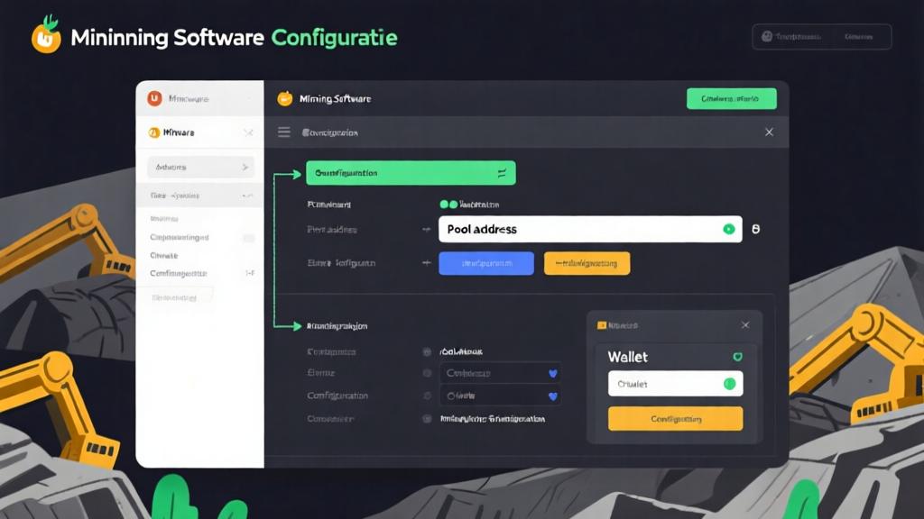 Step-by-step visual guide showing mining software configuration process, with highlighted settings for pool address and wallet configuration high quality illustration, detailed, 16:9