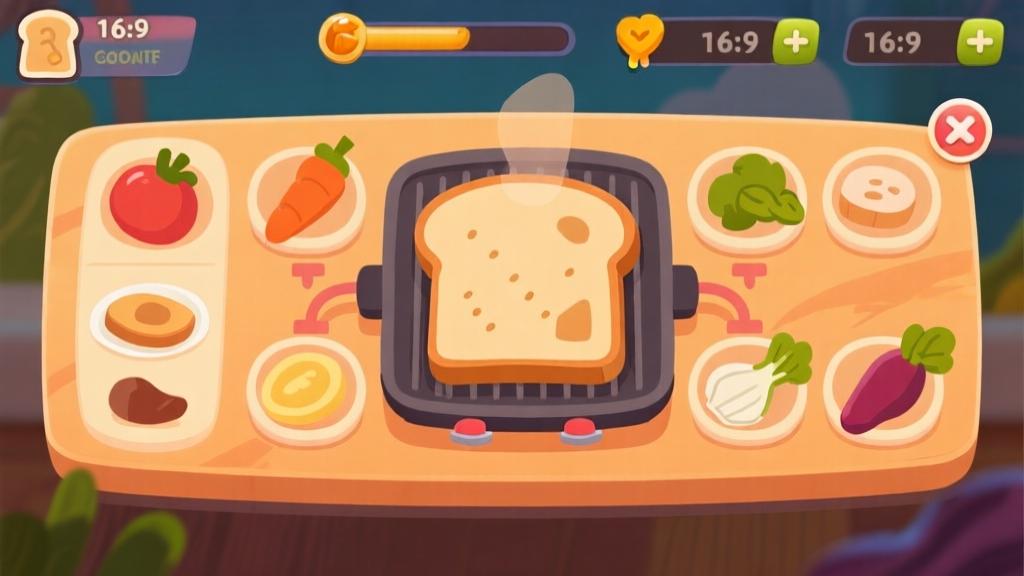 Casual game interface showing toast cooking process with multiple ingredients, warm color palette, cartoon style illustration high quality illustration, detailed, 16:9